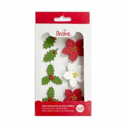 7 PIECES OF POINSETTIA AND HOLLY SUGAR DECORATIONS,...