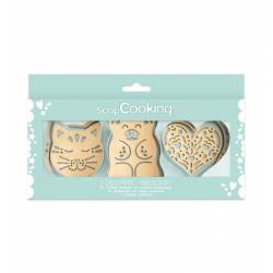 SET 3 CUTTERS + TEXTURIZERS WOOD CAT, BEAR AND HEART -...