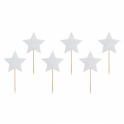 SET 6 SILVER STAR TOPPERS FOR CUPCAKE PARTY DECO...