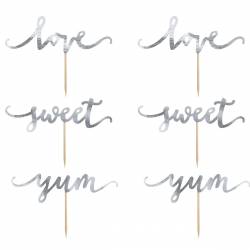 SET 6 TOPPERS LOVE POUR CUPCAKE ARGENT PARTY DECO...