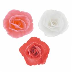 36 ASSORTED WAFER ROSES ( PINK, RED AND WHITE ) 4.5 CM....