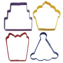 SET 4 CAKE CUTTERS, GIFT, HAT AND WILTON CUPCAKE ( 2308-0909 )