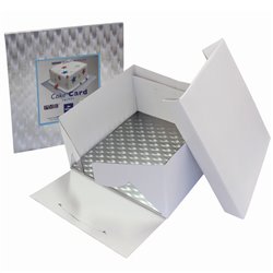 WHITE CAKE BOX 20 X 20 X 15 CM. + SILVER SQUARE TRAY 3 MM THICKNESS. PME ( BCS872 )