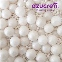 MINI PÉROLAS DE AZUCREN   BRANCO 1,5 MM + PÉROLAS DE AZUCREN   BRANCO 7 MM  LATA DE AZUCREN   90 GRAMAS