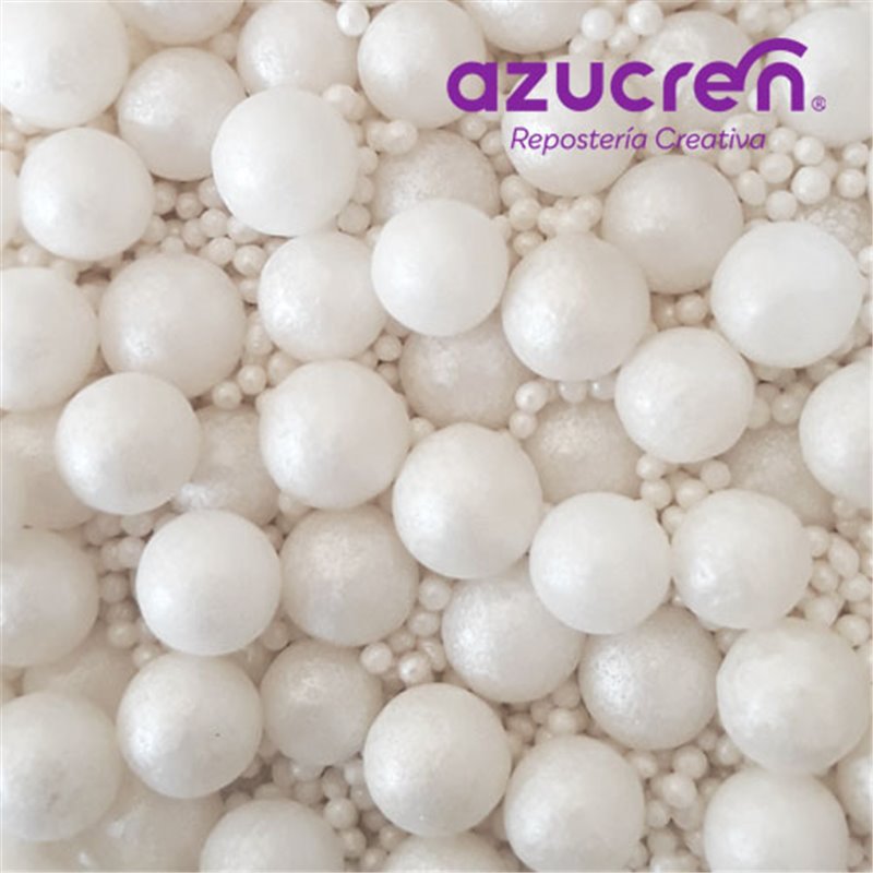 MINI PERLES DE AZUCREN BLANC 1,5 MM + PERLES DE AZUCREN BLANC 7 MM  BOÎTE DE AZUCREN 90 GRAMMES