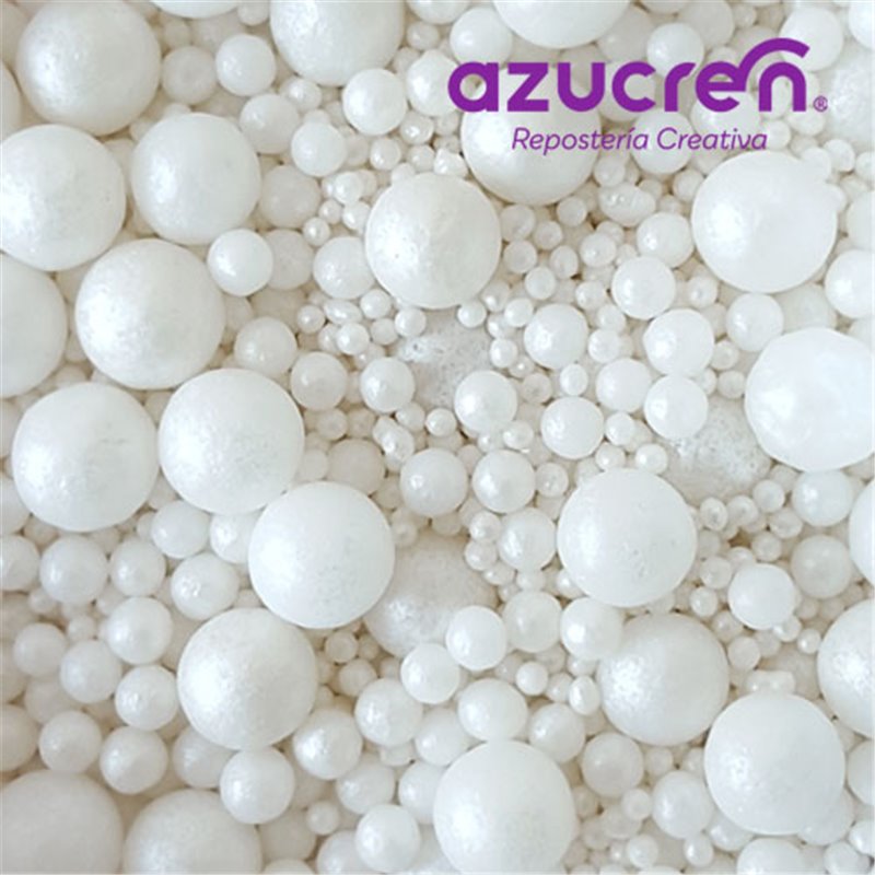 WHITE AZUCREN PEARLS MIX ( 1.5 MM, 4 MM AND 7 MM )AZUCREN CAN 900 GRAMS